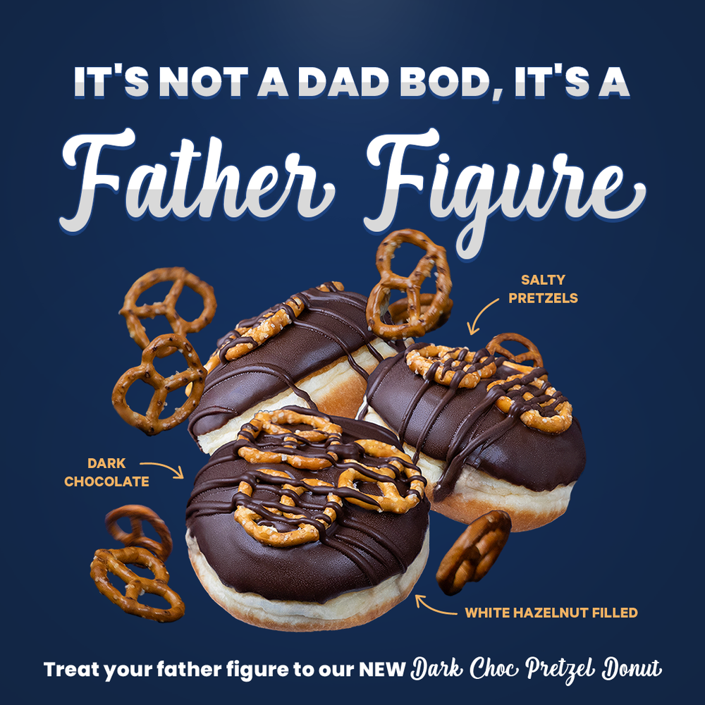 Our NEW Dark Choc Pretzel Donut, just in time for Father's Day.